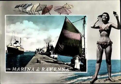 Ak Ravenna Emilia Romagna, Marina, Hafen, Dampfer, Frau in Bikini