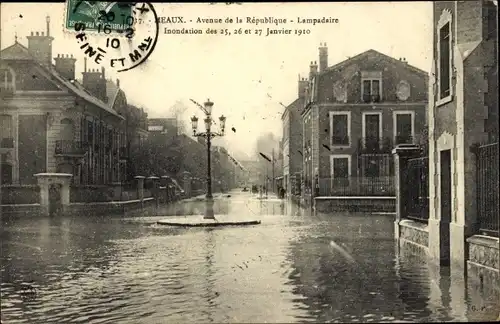 Ak Meaux Seine et Marne, Avenue de la Republique, Lampadaire, Inondation 1910, Hochwasser