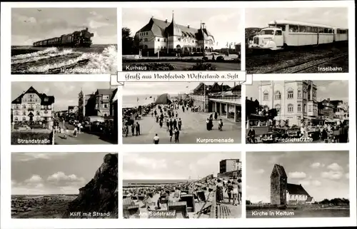 Ak Westerland auf Sylt, Kurpromenade, Hindenburgdamm, Strandstraße, Kliff, Kirche Keitum, Inselbahn