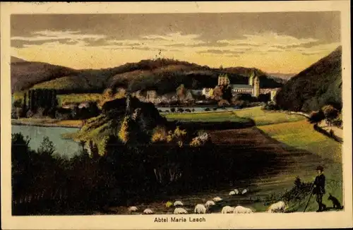 Ak Maria Laach Glees in der Eifel, Blick auf die Abtei mit See, Landschaft