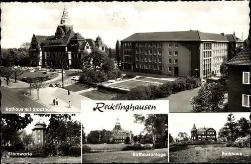 Ak Recklinghausen im Ruhrgebiet, Rathaus mit Stadthaus, Sternwarte, Parkhaus, Rathausanlage