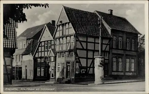 Ak Bramsche in Niedersachsen, alte Häuser am Brückenort