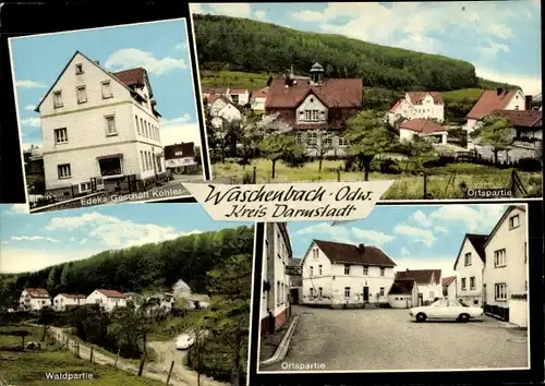 Ak Waschenbach Mühltal im Odenwald, Panorama, Wald, Ort, Edeka Köhler