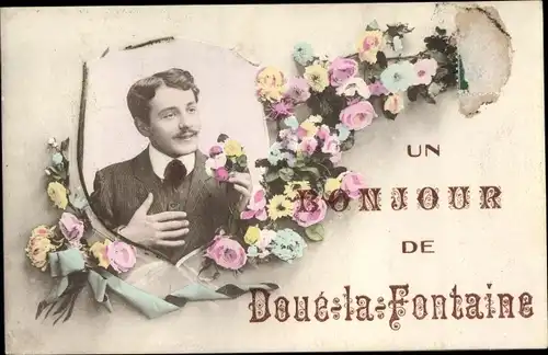 Ak Doué la Fontaine Maine et Loire, Un Bonjour, Mann im Anzug, Blumen