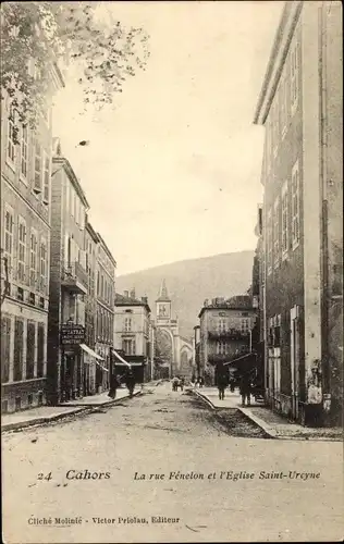 Ak Cahors Lot, La Rue Fenelon et l'Eglise Saint Urcyne