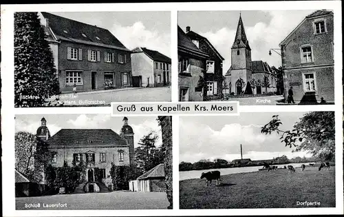 Ak Kapellen Moers am Niederrhein, Bäckerei, Kirche, Schloss Lauersfort