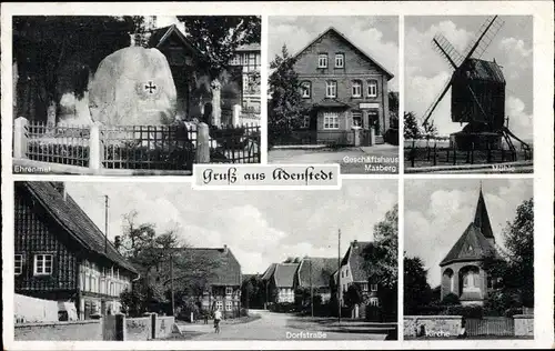 Ak Adenstedt Sibbesse in Niedersachsen, Windmühle, Geschäftshaus, Kirche, Ehrenmal