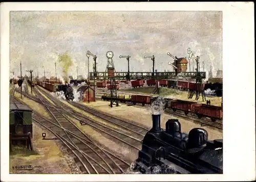 Künstler Ak Gerhardt, P., Verschiebebahnhof, Eisenbahnsignale, Dampflok, Güterwaggons, Uhr