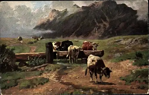 Künstler Ak Kühe grasen auf der Alm, Tränke, Gebirge