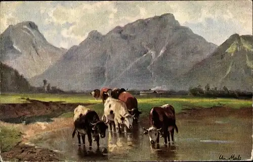 Künstler Ak Rinderherde an einer Wasserstelle, Gebirge