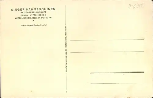 Ak Wittenberge in der Prignitz, Singer Nähmaschinen Fabrik, Gefallenen Gedenktafel