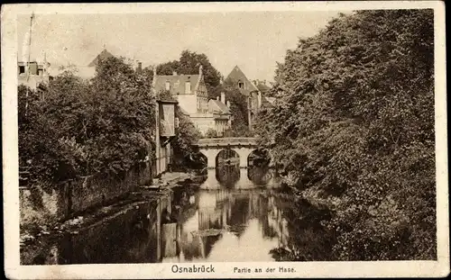 Ak Osnabrück in Niedersachsen, Hasepartie, Fluss, Brücke, Wohnhäuser