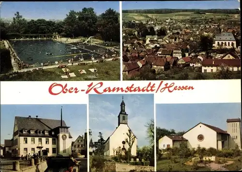 Ak Ober Ramstadt im Odenwald Hessen, Panorama, Rathaus, Freibad, Kirche