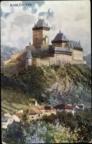 Künstler Ak Karlštejn Karlstein Mittelböhmen, Karlův Týn, Burg Karlštejn