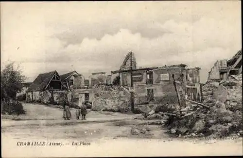 Ak Cramaille Aisne, La Place, Ruines, Kriegszerstörung I. WK