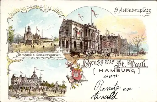 Litho Hamburg Mitte St. Pauli, Spielbudenplatz, Hornhardt's Konzertgarten, Konzerthaus