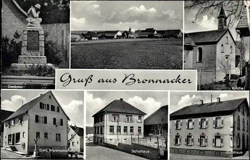 Ak Bronnacker Rosenberg in Baden, Gasthaus, Schulhaus, Gemischtwarenhandlung, Kirche, Denkmal