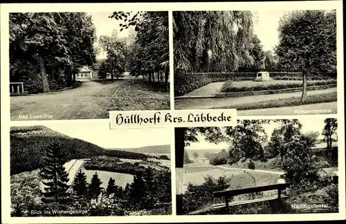 Ak Hüllhorst in Westfalen, Bad Lusmühle, Kriegerdenkmal, Nachtigallental, Wiehengebirge