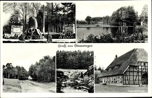 Ak Hösseringen Suderburg Niedersachsen, Ehrenmal, Dorfteich, Quelle, Jugendherberge