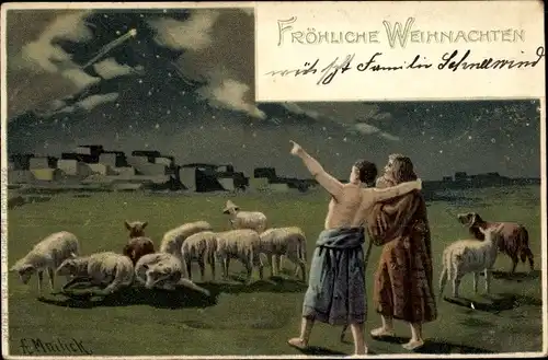 Künstler Ak Mailick, Frohe Weihnachten, Hirten sehen den Weihnachtsstern