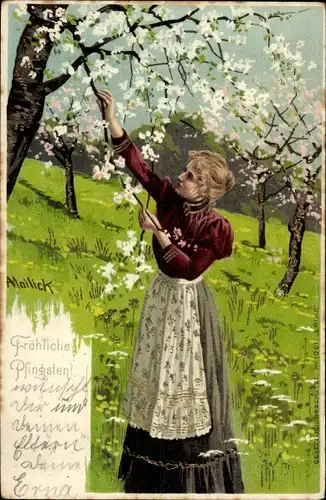 Künstler Litho Mailick, Glückwunsch Pfingsten, Frau an einem Kirschbaum, Baumblüte