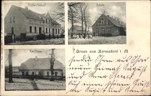 Ak Hermsdorf Münchehofe in Brandenburg, Gastwirtschaft, Schule, Kaufhaus
