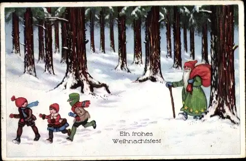 Ak Glückwunsch Weihnachten, Weihnachtsmann und Kinder im Wald
