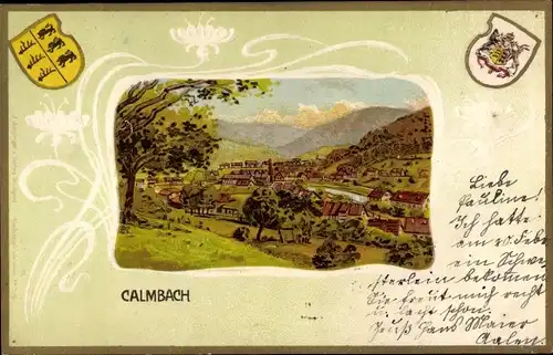 Präge Wappen Passepartout Litho Calmbach Bad Wildbad im Schwarzwald, Totalansicht