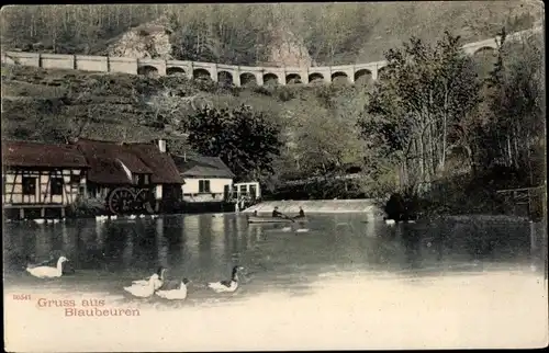 Ak Blaubeuren in Württemberg, Wassermühle, Brücke, Ruderboot, Enten