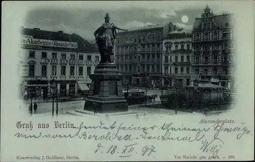 Mondschein Ak Berlin Mitte, Alexanderplatz, Denkmal, Pferdestraßenbahn, Akademie