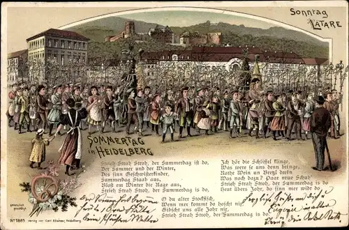 Litho Heidelberg am Neckar, , Sommertag, Kinder bei einem Umzug