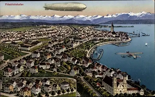 Ak Friedrichshafen am Bodensee, Zeppelin über der Stadt