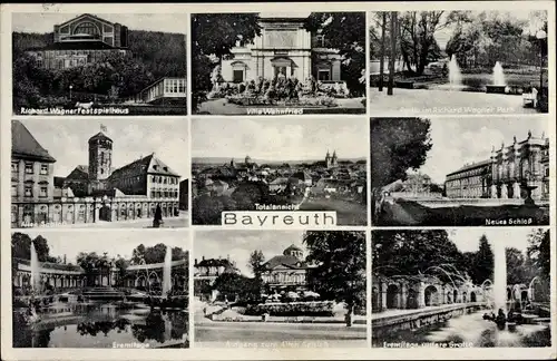 Ak Bayreuth in Oberfranken, Richard-Wagner-Festspielhaus, Villa Wahnfried, Eremitage, Altes Schloss