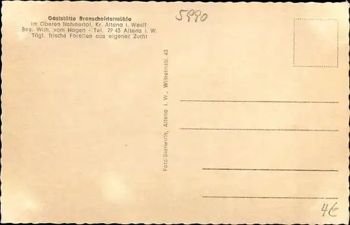 Ak Altena im Märkischen Kreis, Blick auf Gaststätte Brenscheidermühle
