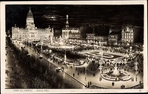 Ak Buenos Aires Argentinien, Plaza del Congreso, panorama, noche