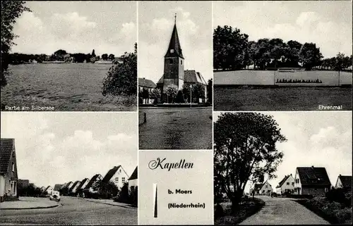 Ak Kapellen Moers Niederrhein, Silbersee, Ehrenmal,Kirche