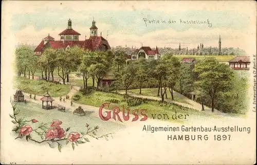 Litho Hamburg Mitte Altstadt, Parte in der Allgemeinen Gartenbau Ausstellung 1897