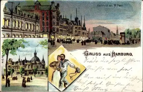 Litho Hamburg Mitte St. Pauli, Konzerthaus Ludwig, Nachtbild, Matrose mit Frau