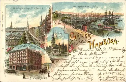 Litho Hamburg Mitte Altstadt, Landungsbrücken Hafen, Jungfernstieg, Alsterdamm, Merkel's Restaurant