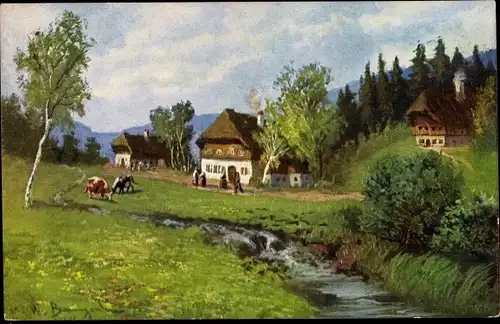 Künstler Ak Baumgarten, W., Landschaft mit Rindern und Bauernhäusern