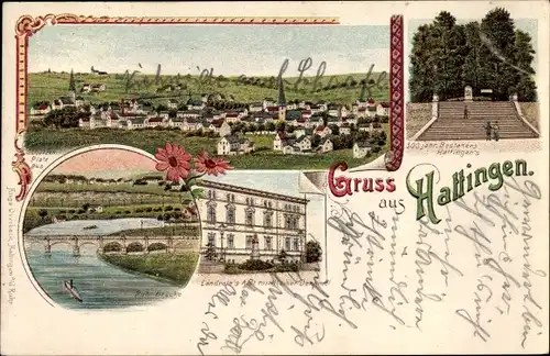 Litho Hattingen an der Ruhr, Blick auf den Ort Denkmal, Brücke