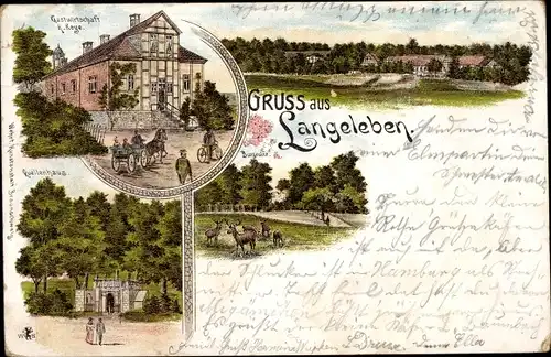 Litho Langeleben Königslutter am Elm, Gastwirtschaft, Quellenhaus, Hirsche, Totale