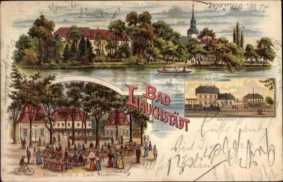 Litho Bad Lauchstädt Sachsen Anhalt, Schloss Teich, Bahnhof, Gleisseite