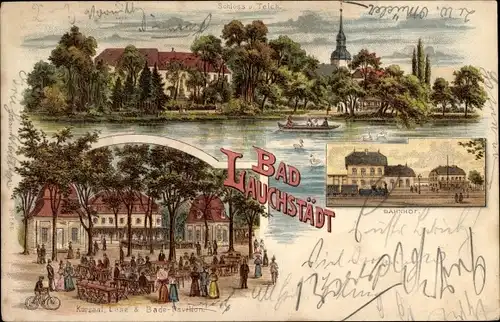 Litho Bad Lauchstädt Sachsen Anhalt, Schloss Teich, Bahnhof, Gleisseite, Kursaal