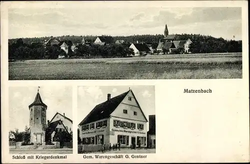 Ak Matzenbach Fichtenau in Württemberg, Schloss, Kriegerdenkmal, Gemischtwarenhandlung
