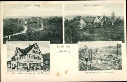 Ak Lutzenberg Althütte in Württemberg, Totalansicht, Emilienteich, Gasthof zur schönen Aussicht