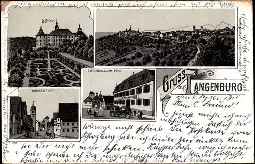 Litho Langenburg in Württemberg, Schloss, Gasthaus zum Lamm, Kirche, Tor, Totalansicht