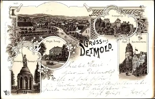 Litho Detmold in Nordrhein Westfalen, Residenzschloss, Externsteine, Palais, Hermannsdenkmal