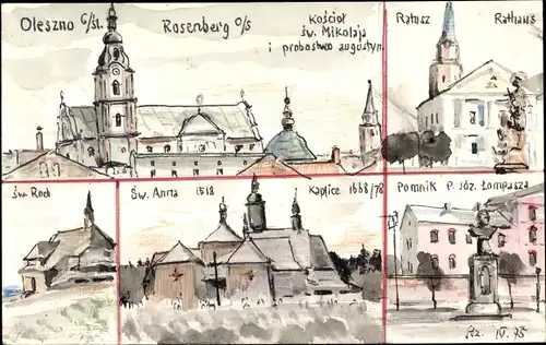 Ak Olesno Rosenberg Schlesien, Rathaus, Kapelle, Kirchen