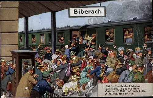 Lied Künstler Ak Thiele, A., Biberach an der Riß, Auf der Schwäbsche Eisebahne, Bahnhof, Gleisseite